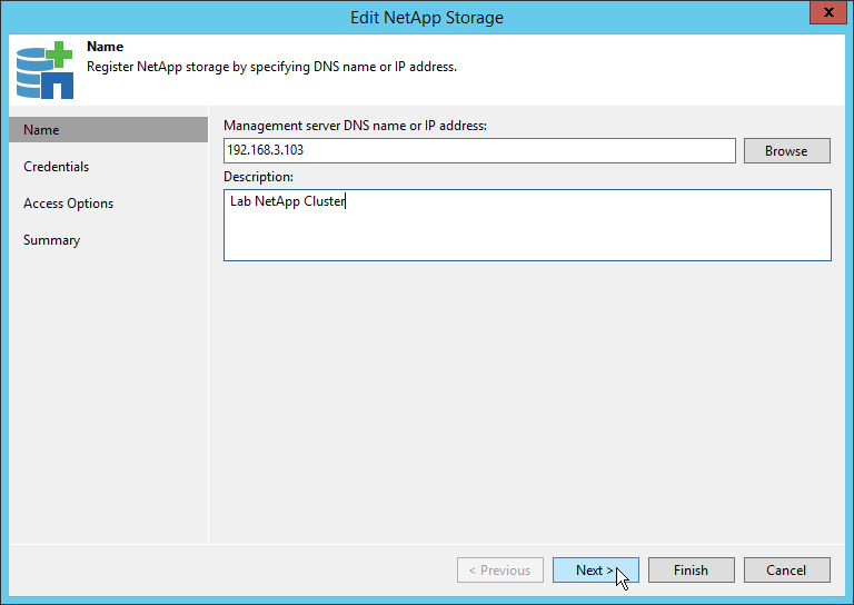 Veeam NetApp Backup from Storage Snapshot - Edit NetApp Storage - Name / IP