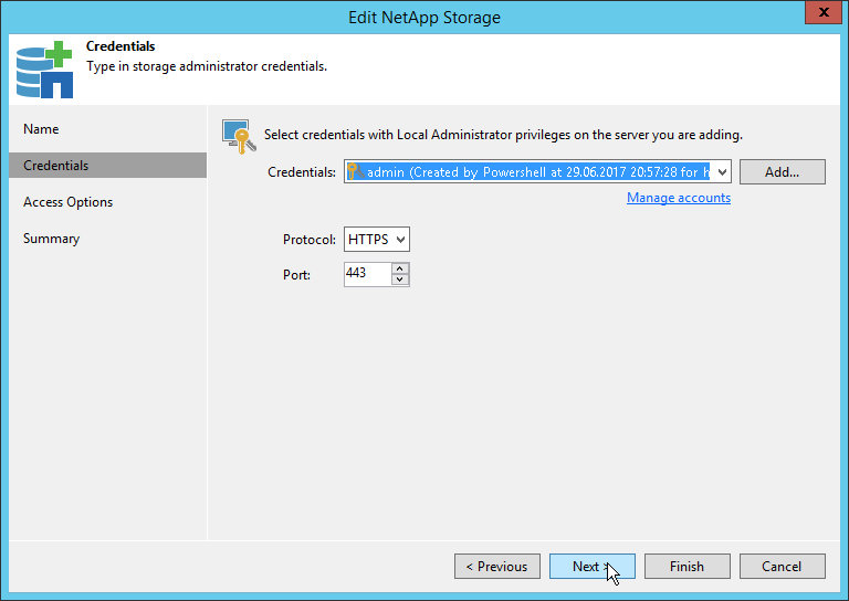 Veeam NetApp Backup from Storage Snapshot - Edit NetApp Storage - Credentials