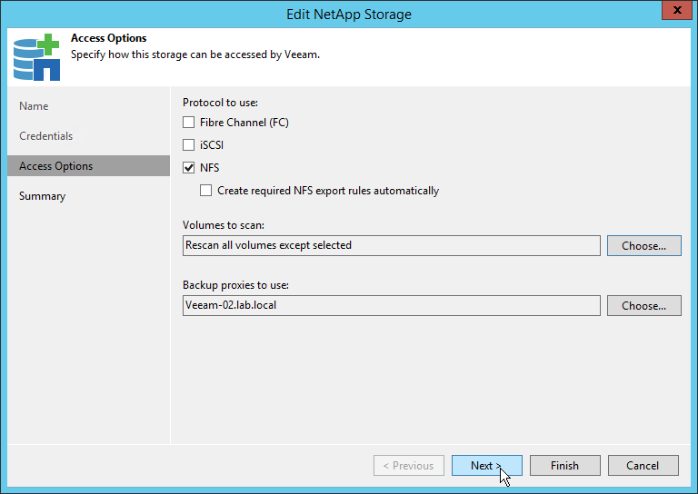 Veeam NetApp Backup from Storage Snapshot - Edit NetApp Storage - Access options