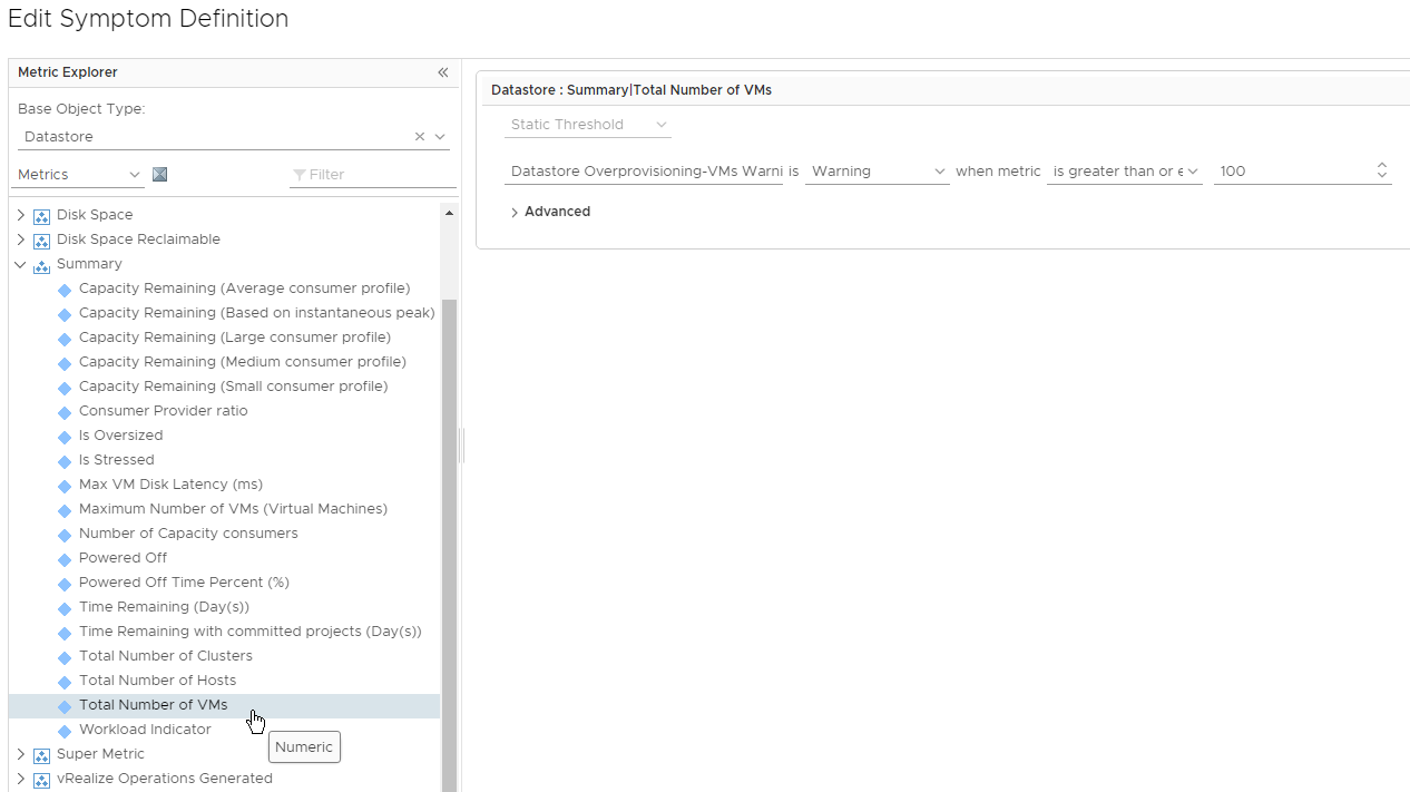 vRealize Operations Manager - Datastore Overprovisioning - Alert Symptom Definition - Num VMs