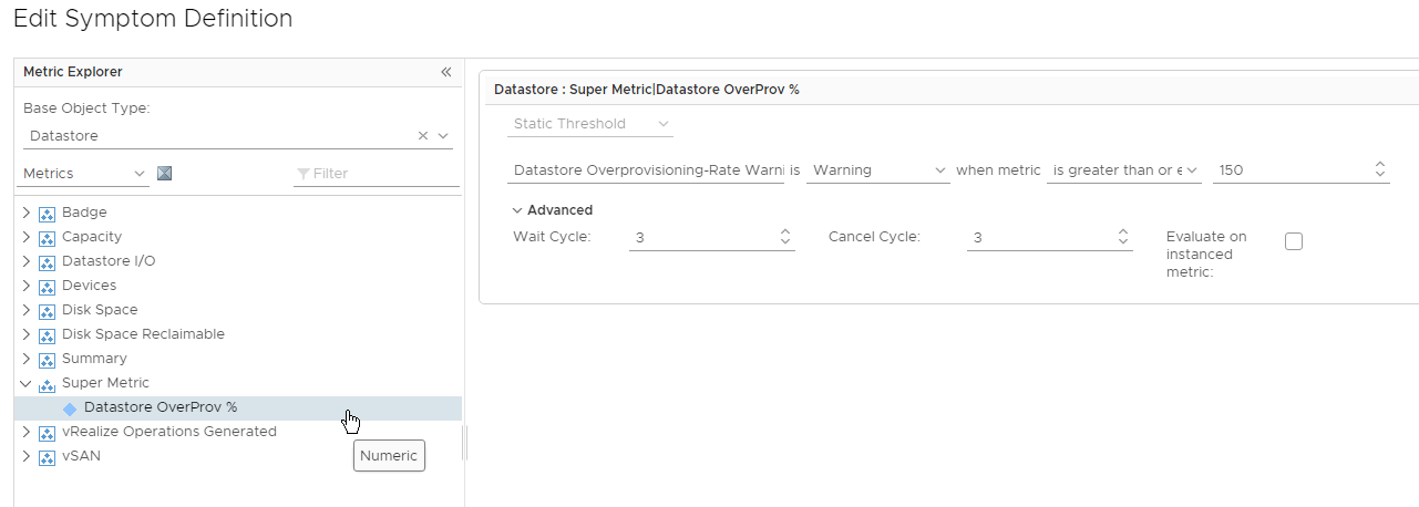 vRealize Operations Manager - Datastore Overprovisioning - Alert Symptom Definitions - Overprovisioning-Rate