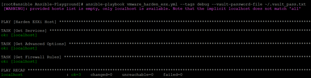 VMware ESXi Security Configuration with Ansible - Debug Tasks