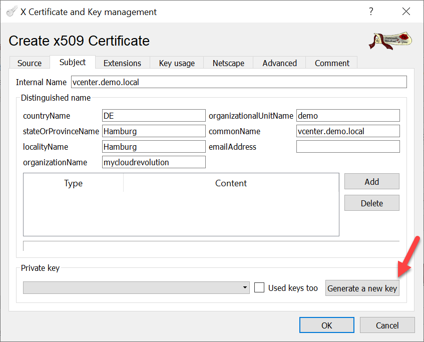 CA signed vCenter Certificate from XCA - Server Certificate Subject and Key