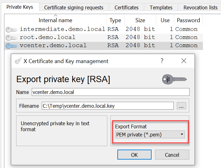 CA signed vCenter Certificate from XCA - Server Certificate Provate Key Export