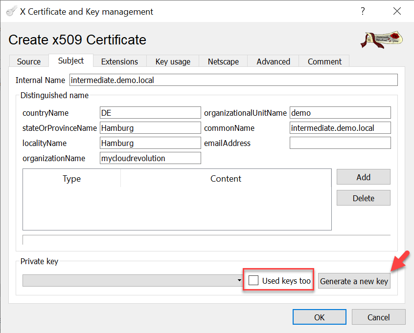 CA signed vCenter Certificate from XCA - Intermediate-CA Subject and Key