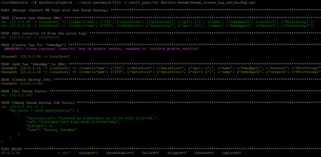 Veeam and vSphere Tag Integration with Ansible - Playbook run