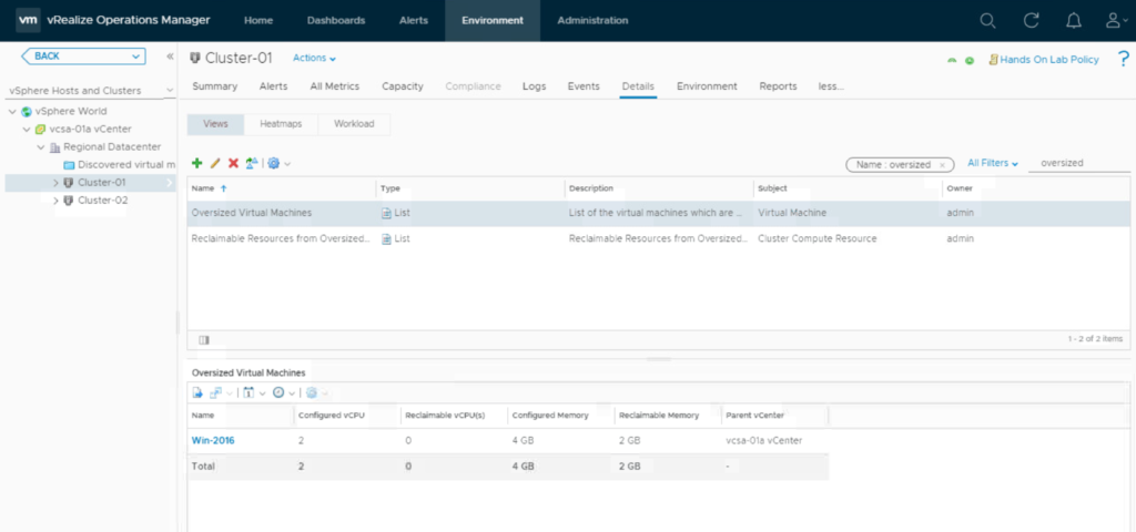 vRealize Operations Rightsizing Recommendations - View