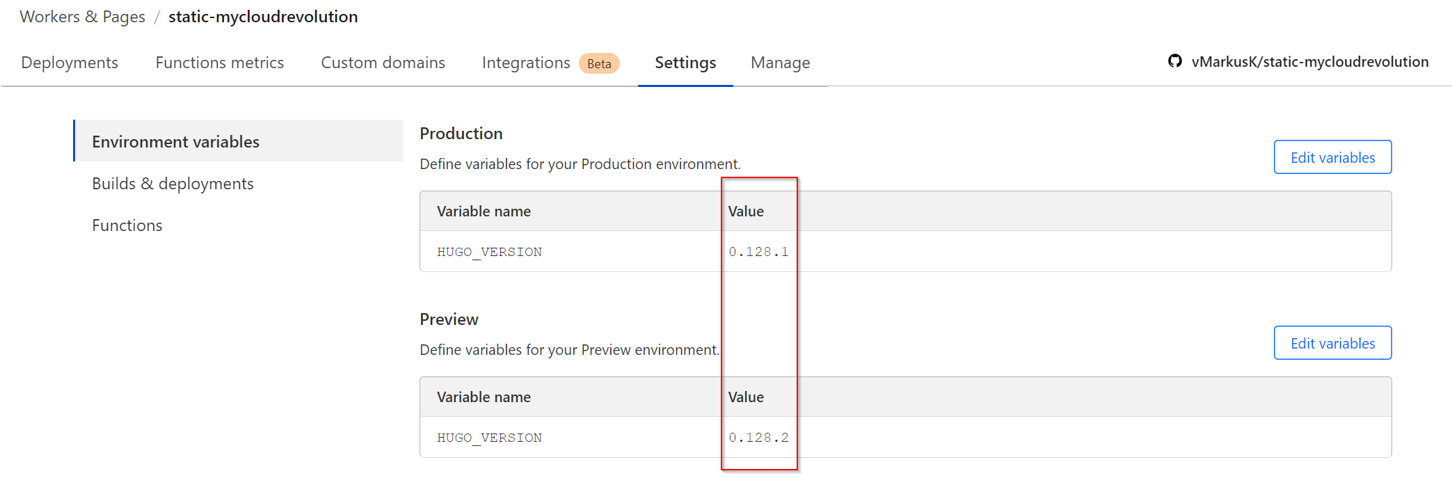 Hugo versions as Environment variables